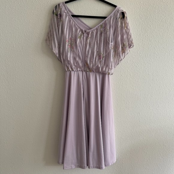 Vintage 70’s Silky Poly Lavender Purple Floral Print Overlay top dress size S - Picture 5 of 8